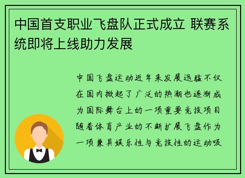 中国首支职业飞盘队正式成立 联赛系统即将上线助力发展
