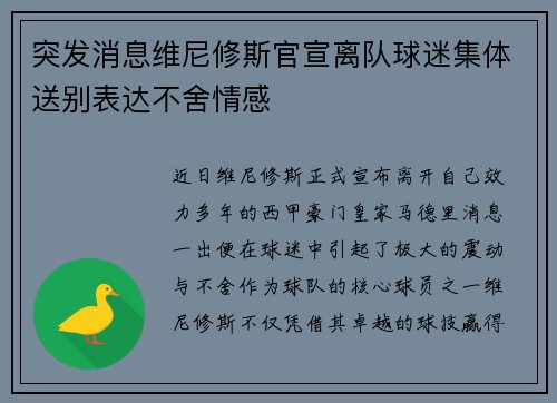 突发消息维尼修斯官宣离队球迷集体送别表达不舍情感