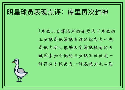 明星球员表现点评：库里再次封神